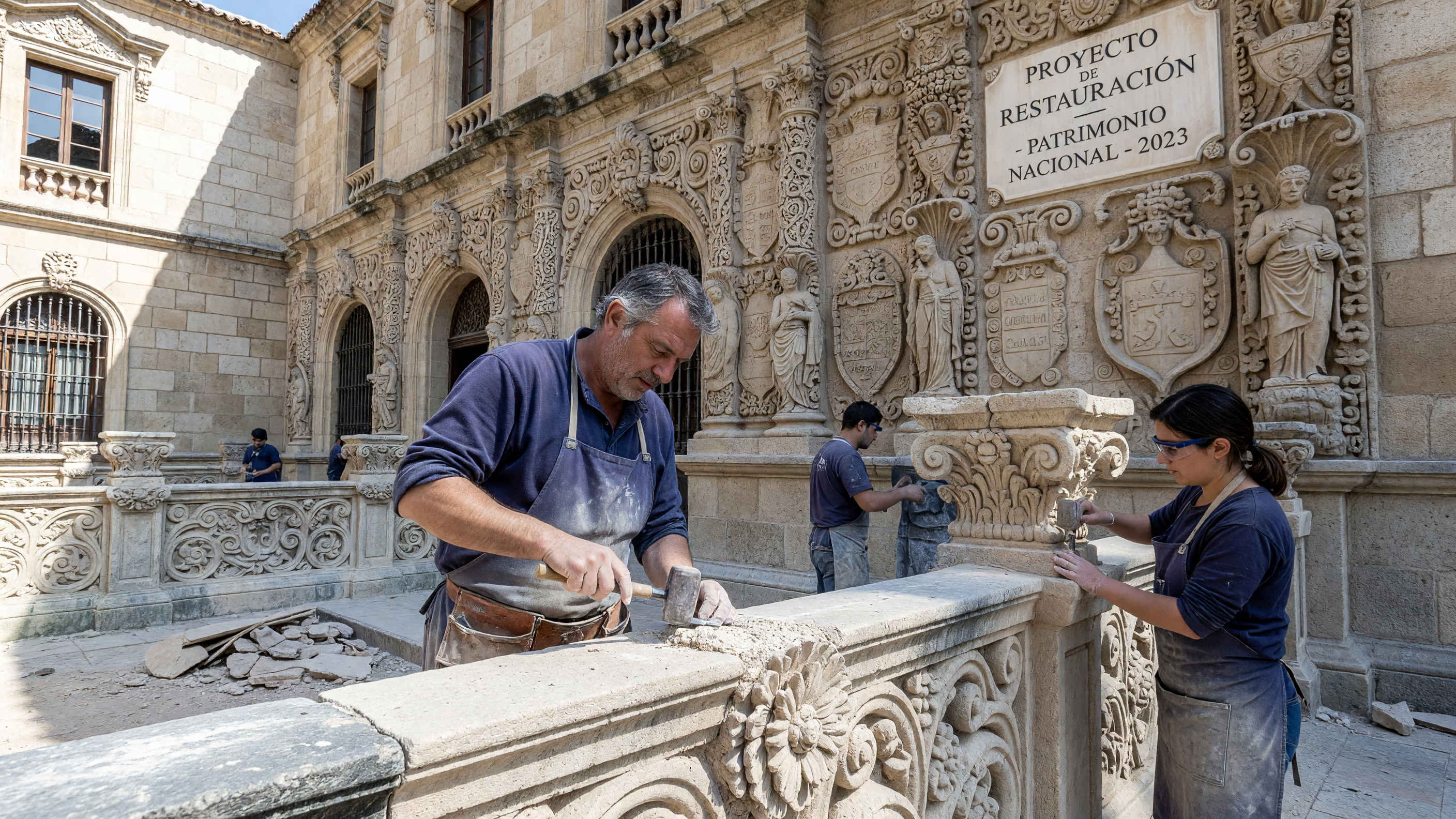 Artesanos trabajando en la restauración de piedra labrada en un monumento histórico