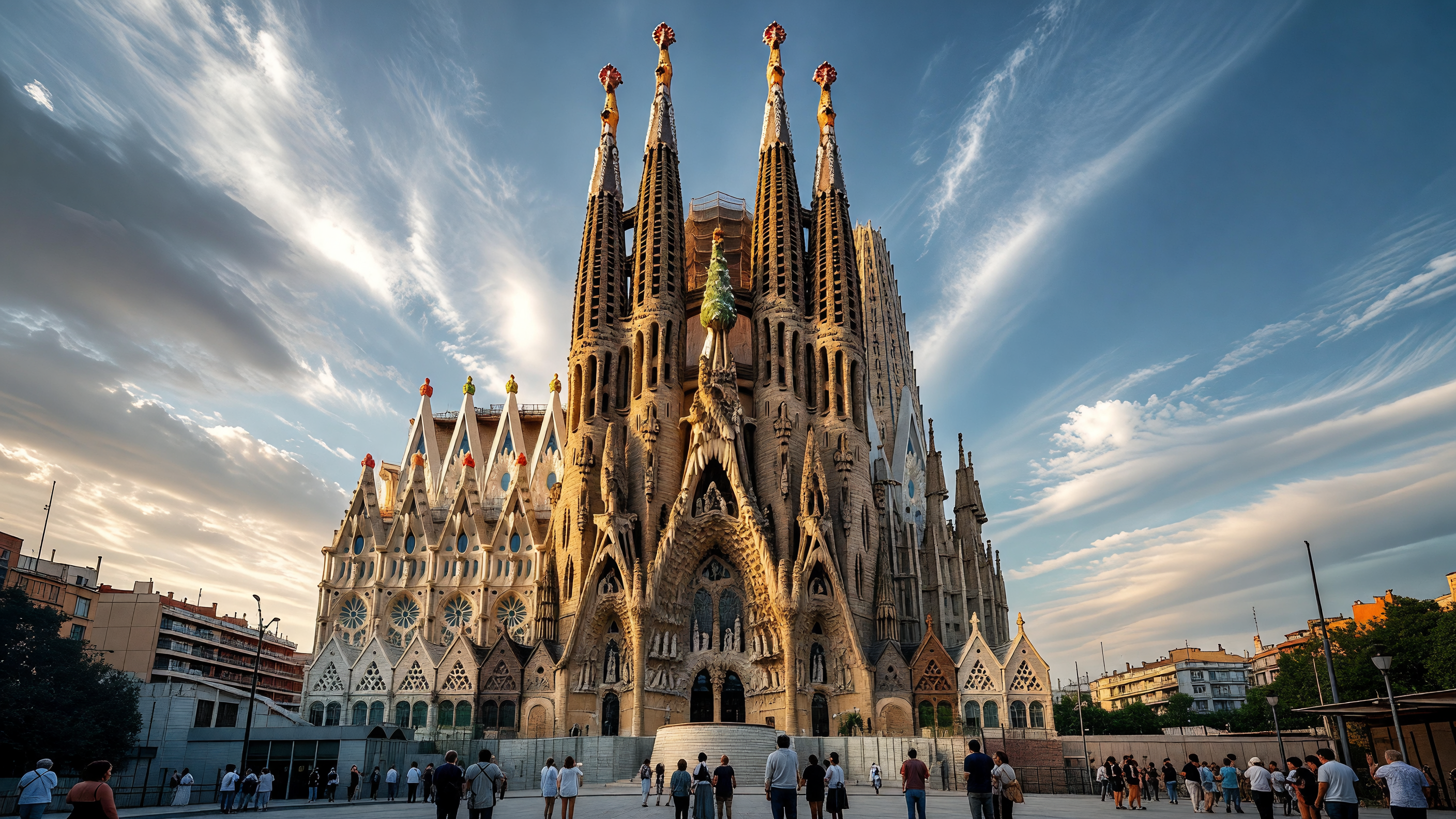 Fachada y torres de la Sagrada Familia en Barcelona